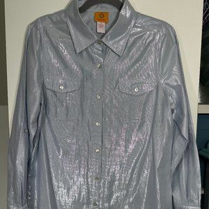 Ruby Road Baby Blue Silver Metallic Button Down Blouse Sz. 12